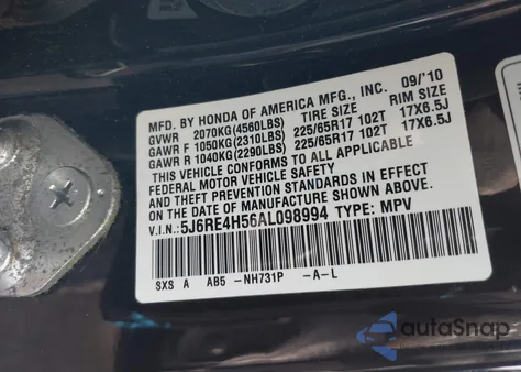 2010 Honda Cr-V Ex from USA, damaged, VIN 5J6RE4H56AL098994
